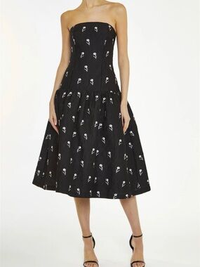 TRUE DECADENCE BLACK-GREY VIENNA FLORAL-BROCADE DROPPED-WAIST MIDI-DRESS